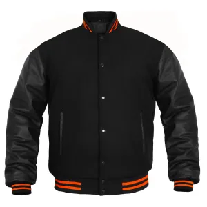 Women Jacket Wool body Genuine Leather Arm Sleeves All Black(Orange Line)