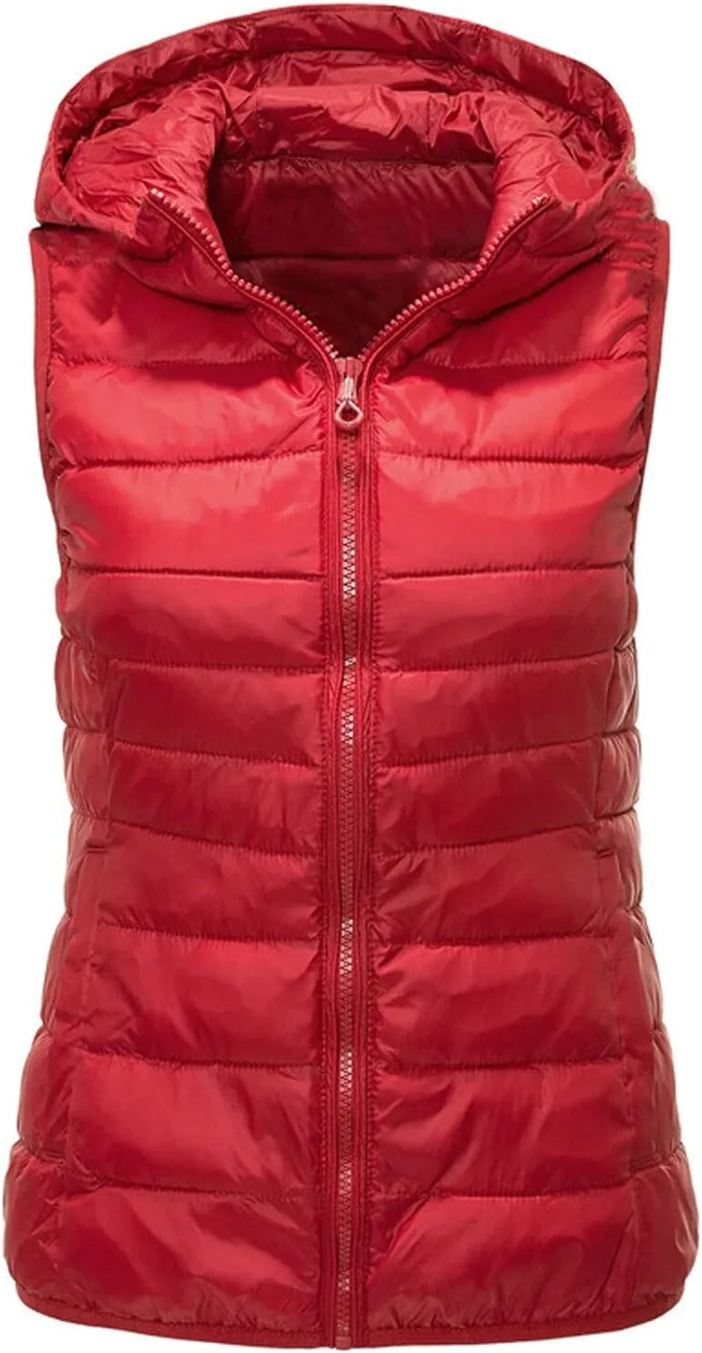 Women Lightweight Down Puffer Vest Zip Hoodie Winter Coat Sleeveless Lightweight Outerwear Down Jacket with Pockets