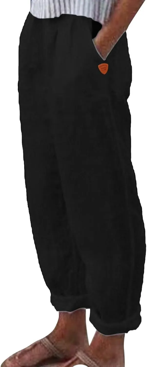 Women Linen Cotton Blend Pants Straight Leg Summer Cotton Casual High Waist Elastic Linen Beach Pants