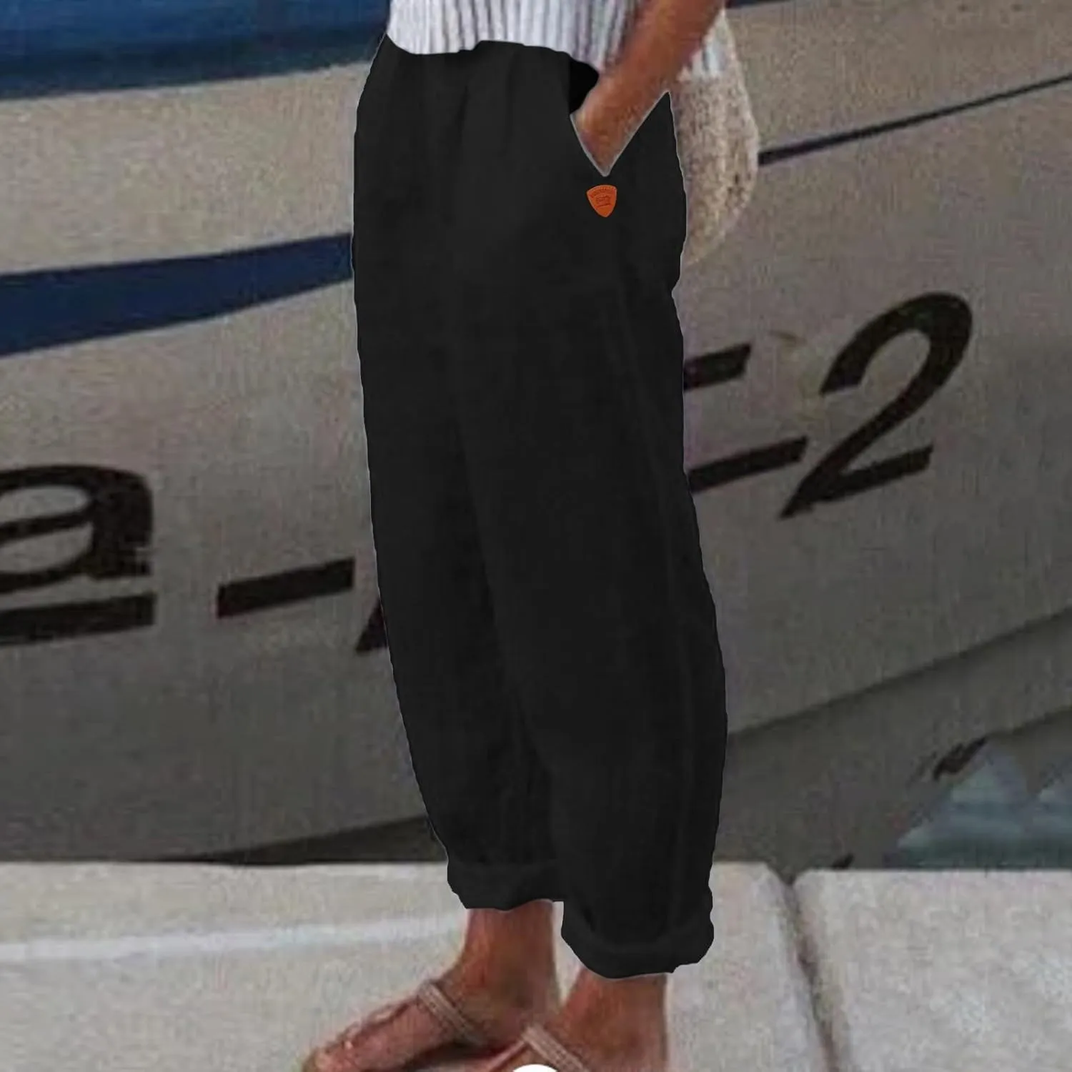 Women Linen Cotton Blend Pants Straight Leg Summer Cotton Casual High Waist Elastic Linen Beach Pants