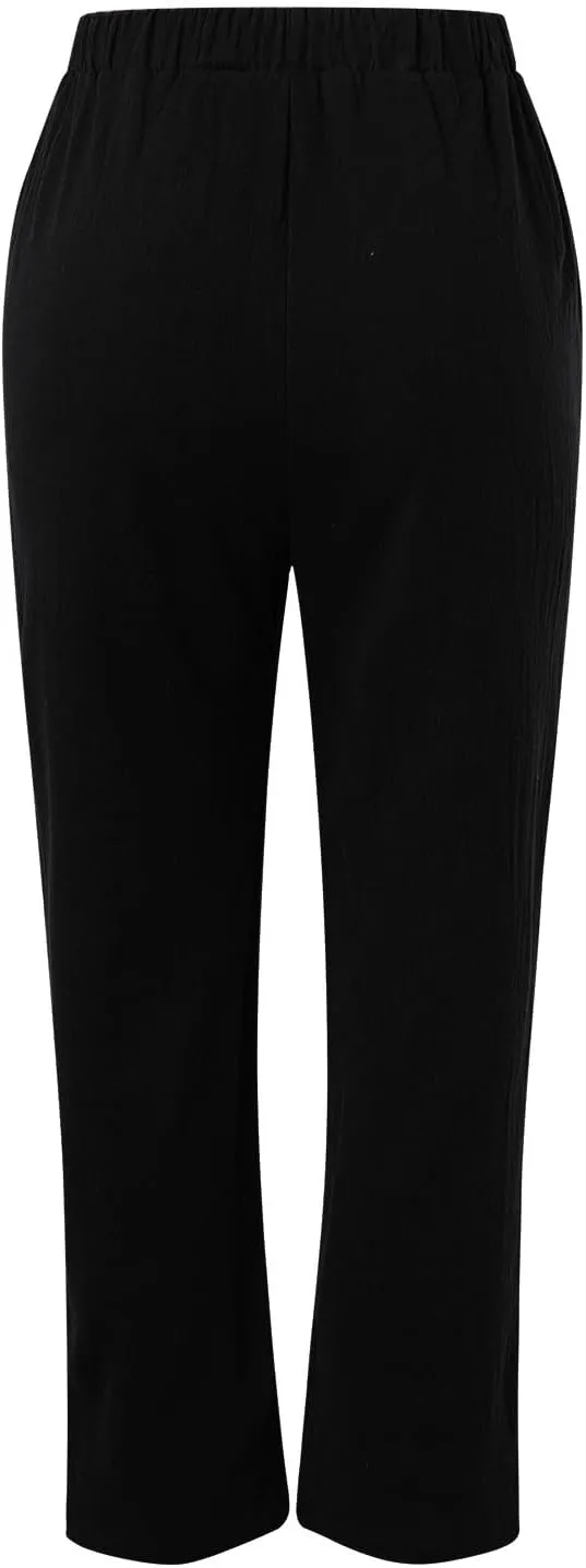 Women Linen Cotton Blend Pants Straight Leg Summer Cotton Casual High Waist Elastic Linen Beach Pants