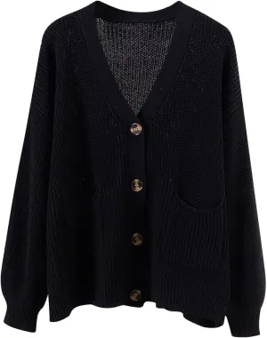 Women Loose Cardigans Soft Knit Cardigan Sweater Knit Open Front Button Down Knitwear Tops Outerwear Coat with Pockets