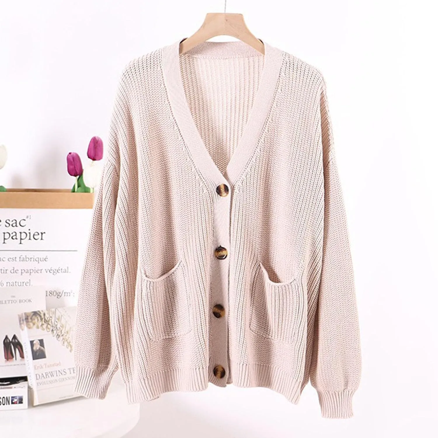 Women Loose Cardigans Soft Knit Cardigan Sweater Knit Open Front Button Down Knitwear Tops Outerwear Coat with Pockets