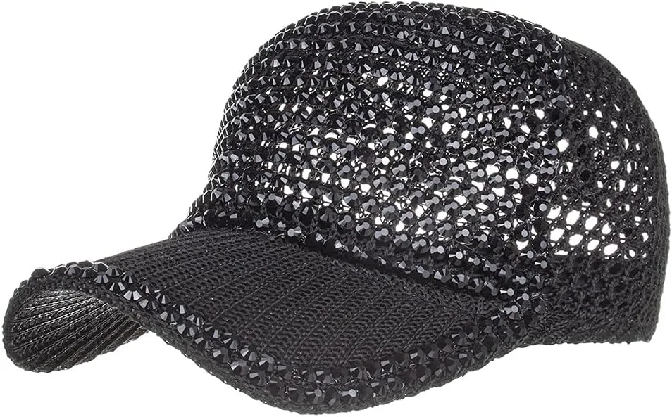 Women Men Studded Rhinestone Crystals Adjustable Ponytail Mesh Baseball Cap Shiny Bling Casual Sports Cap Breathable Sun Hat