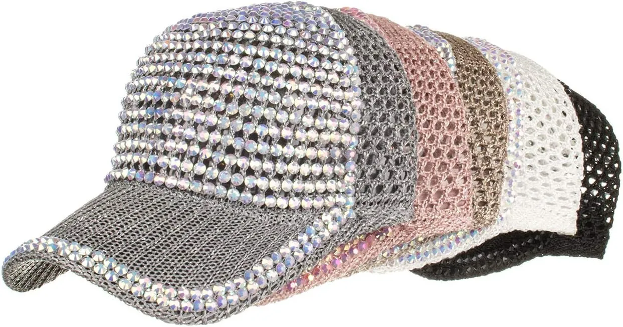 Women Men Studded Rhinestone Crystals Adjustable Ponytail Mesh Baseball Cap Shiny Bling Casual Sports Cap Breathable Sun Hat