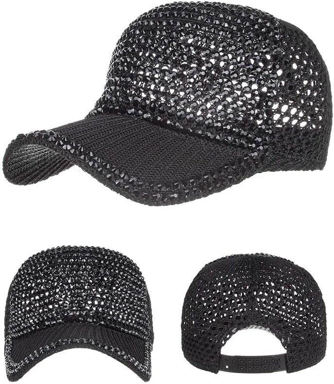 Women Men Studded Rhinestone Crystals Adjustable Ponytail Mesh Baseball Cap Shiny Bling Casual Sports Cap Breathable Sun Hat
