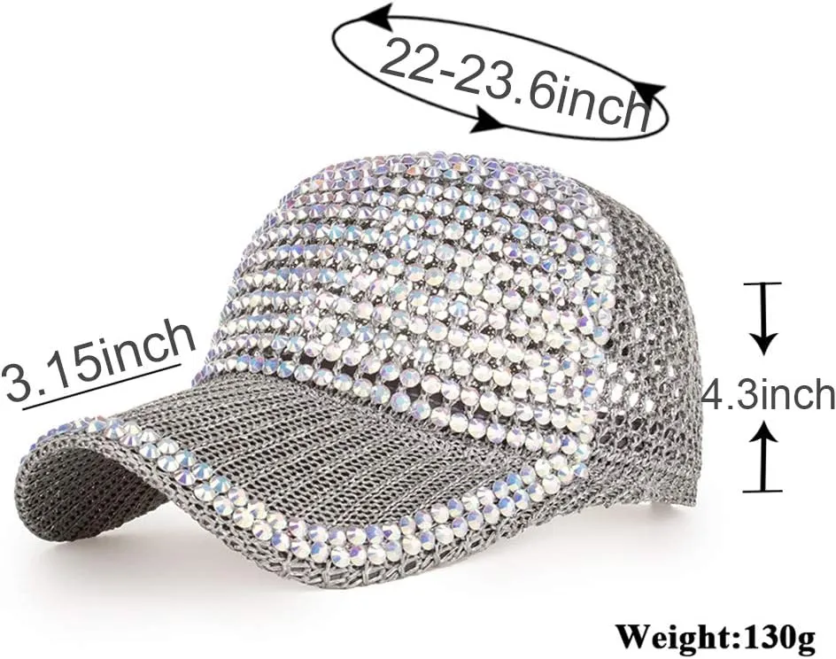 Women Men Studded Rhinestone Crystals Adjustable Ponytail Mesh Baseball Cap Shiny Bling Casual Sports Cap Breathable Sun Hat
