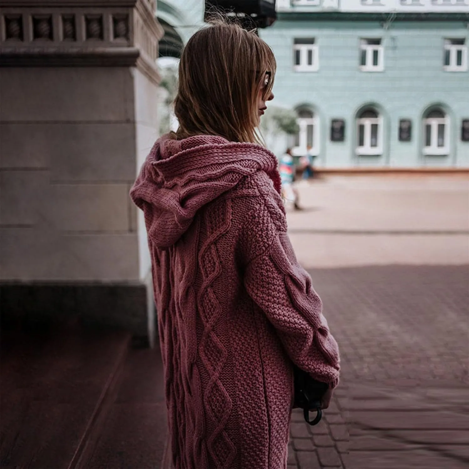 Women Open Front Long Cardigan with Hood Cable Knit Sweaters Solid Color Chunky Long Sweater Maxi Hooded Coats