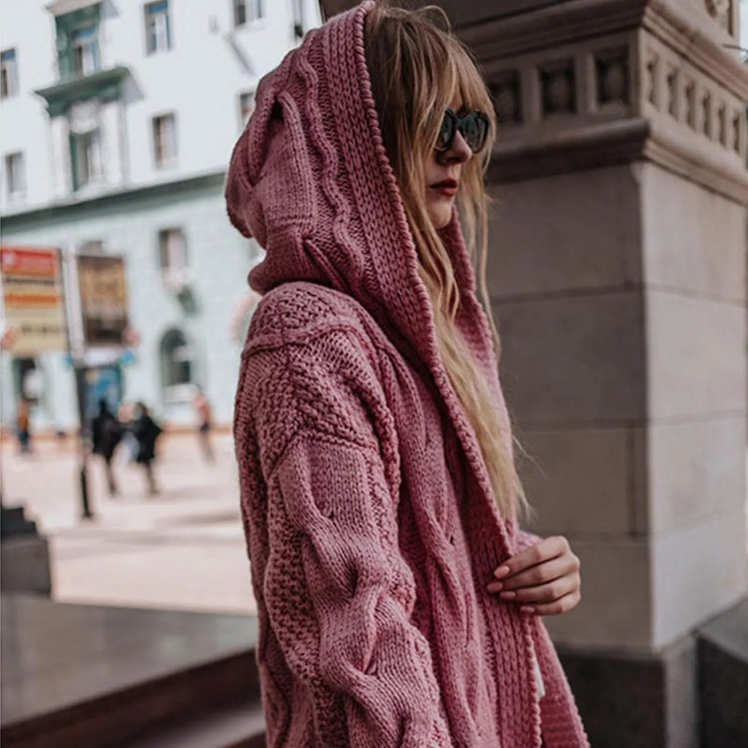 Women Open Front Long Cardigan with Hood Cable Knit Sweaters Solid Color Chunky Long Sweater Maxi Hooded Coats