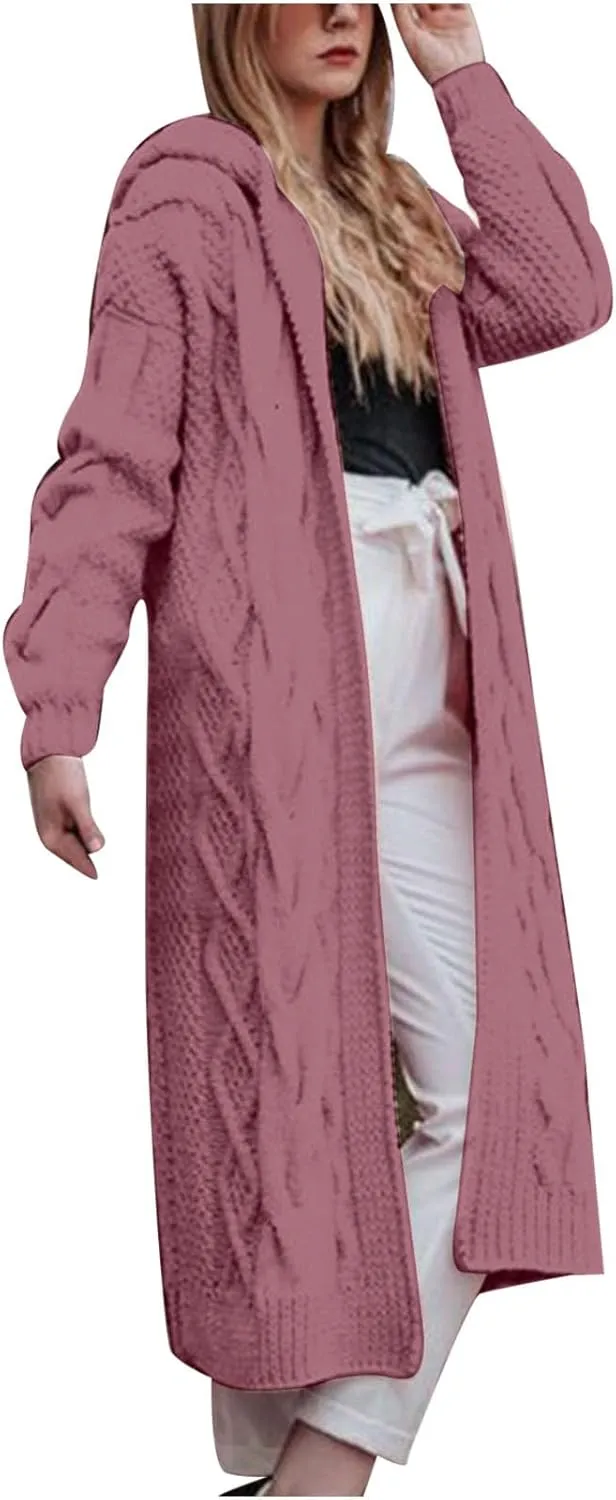 Women Open Front Long Cardigan with Hood Cable Knit Sweaters Solid Color Chunky Long Sweater Maxi Hooded Coats
