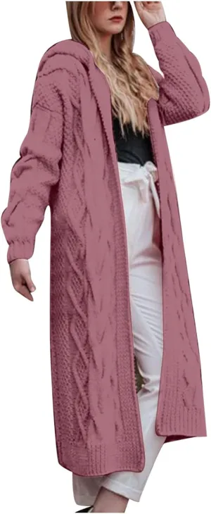 Women Open Front Long Cardigan with Hood Cable Knit Sweaters Solid Color Chunky Long Sweater Maxi Hooded Coats