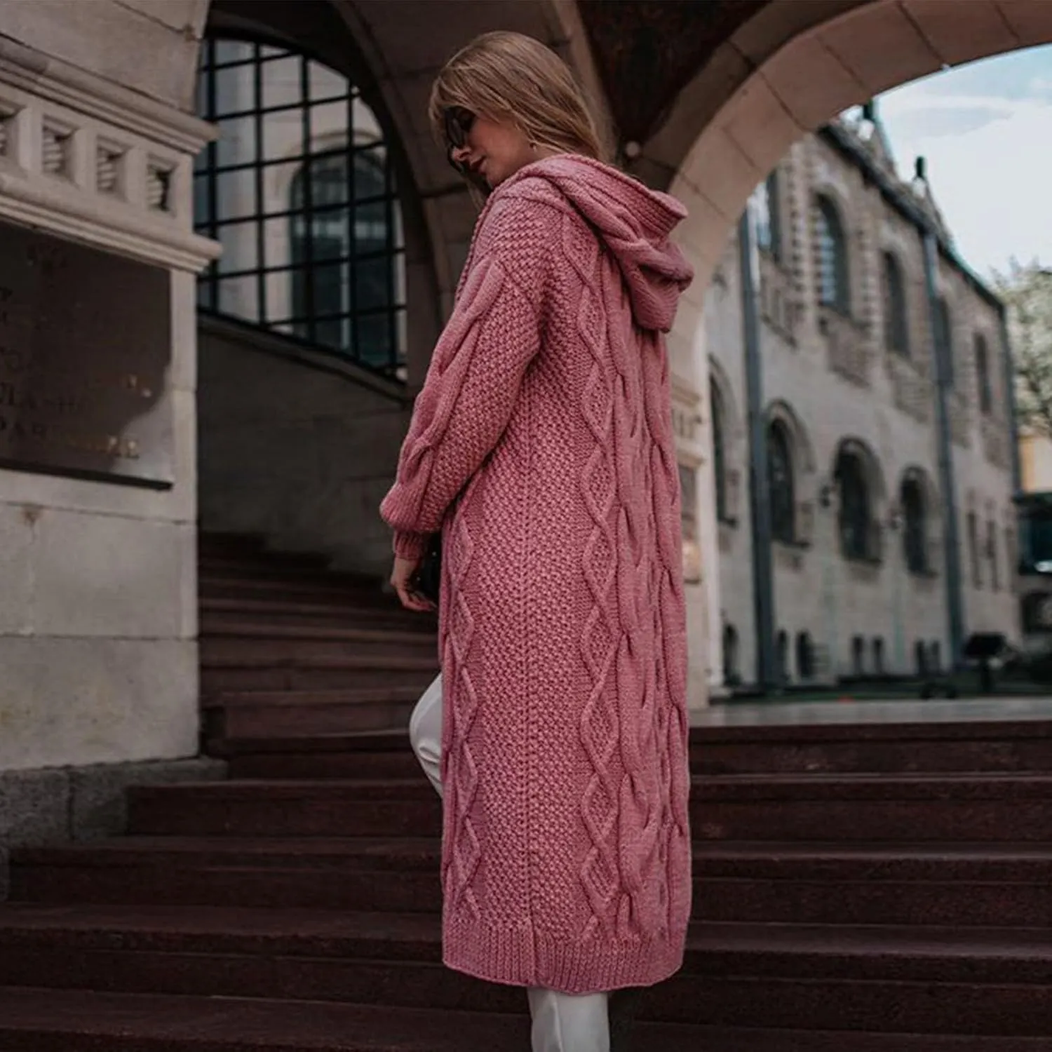 Women Open Front Long Cardigan with Hood Cable Knit Sweaters Solid Color Chunky Long Sweater Maxi Hooded Coats