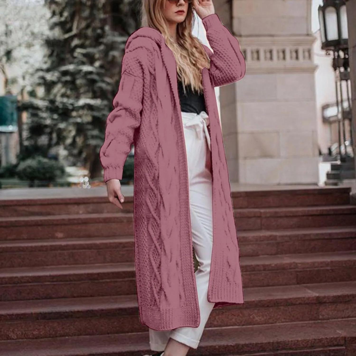 Women Open Front Long Cardigan with Hood Cable Knit Sweaters Solid Color Chunky Long Sweater Maxi Hooded Coats