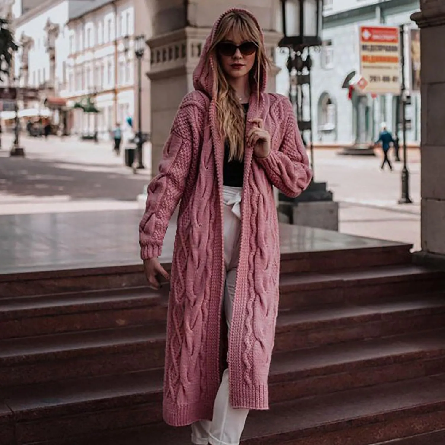 Women Open Front Long Cardigan with Hood Cable Knit Sweaters Solid Color Chunky Long Sweater Maxi Hooded Coats
