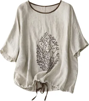 Women Short Sleeve Cotton Linen Tops Summer Crew Neck Embroidery T-Shirt Blouse Casual Loose Drawstring Hem Shirts