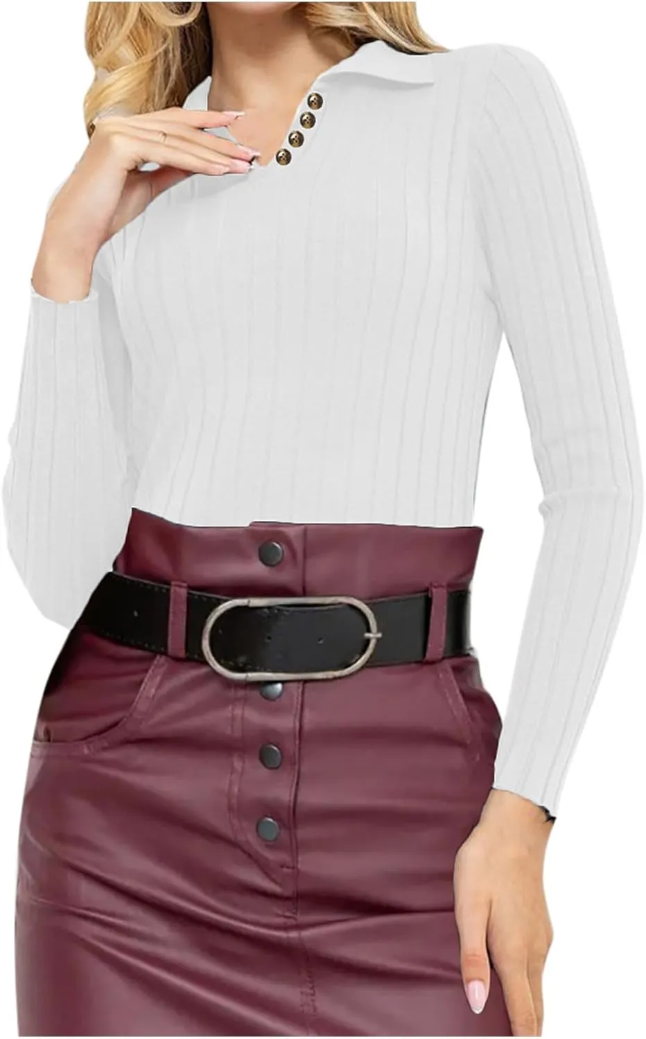 Women Slim Fit Sweater Turn Down Collar Sweater Long Sleeve Basic Tops Soft Knit Sweater Blouse V Neck Pullover Tee