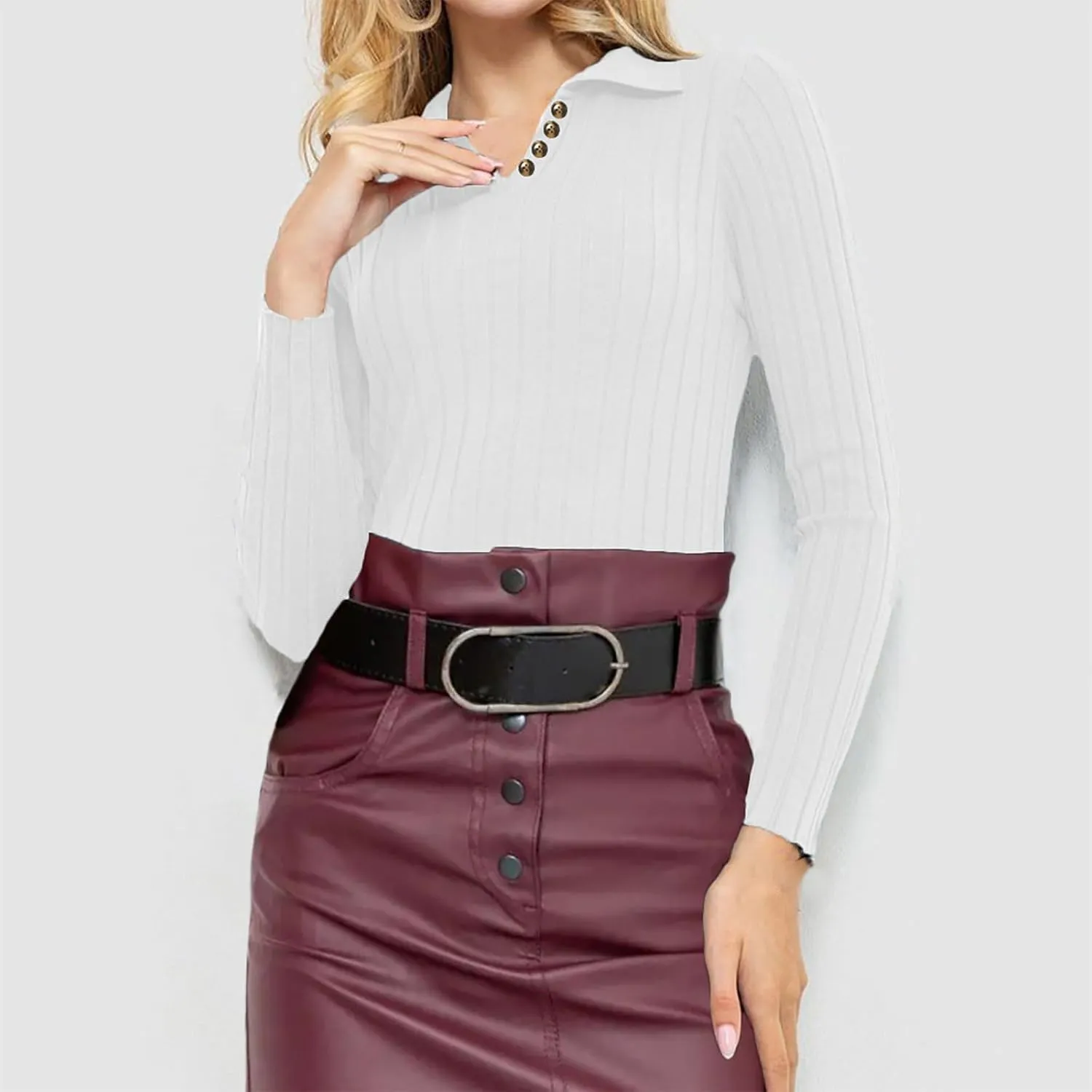 Women Slim Fit Sweater Turn Down Collar Sweater Long Sleeve Basic Tops Soft Knit Sweater Blouse V Neck Pullover Tee