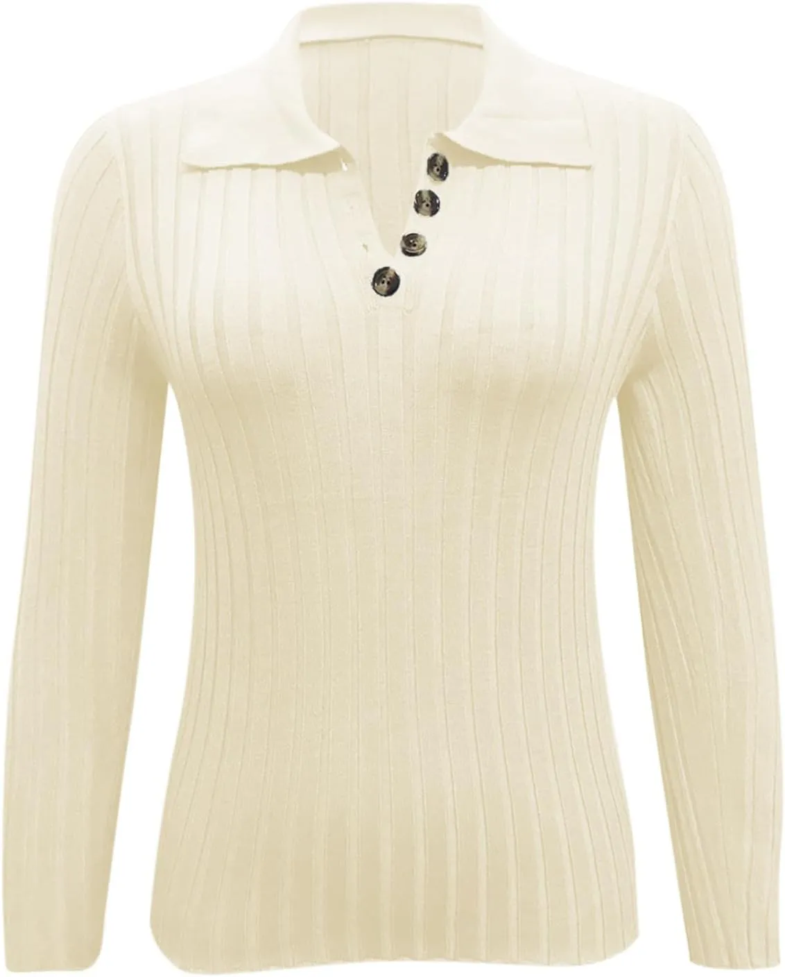 Women Slim Fit Sweater Turn Down Collar Sweater Long Sleeve Basic Tops Soft Knit Sweater Blouse V Neck Pullover Tee