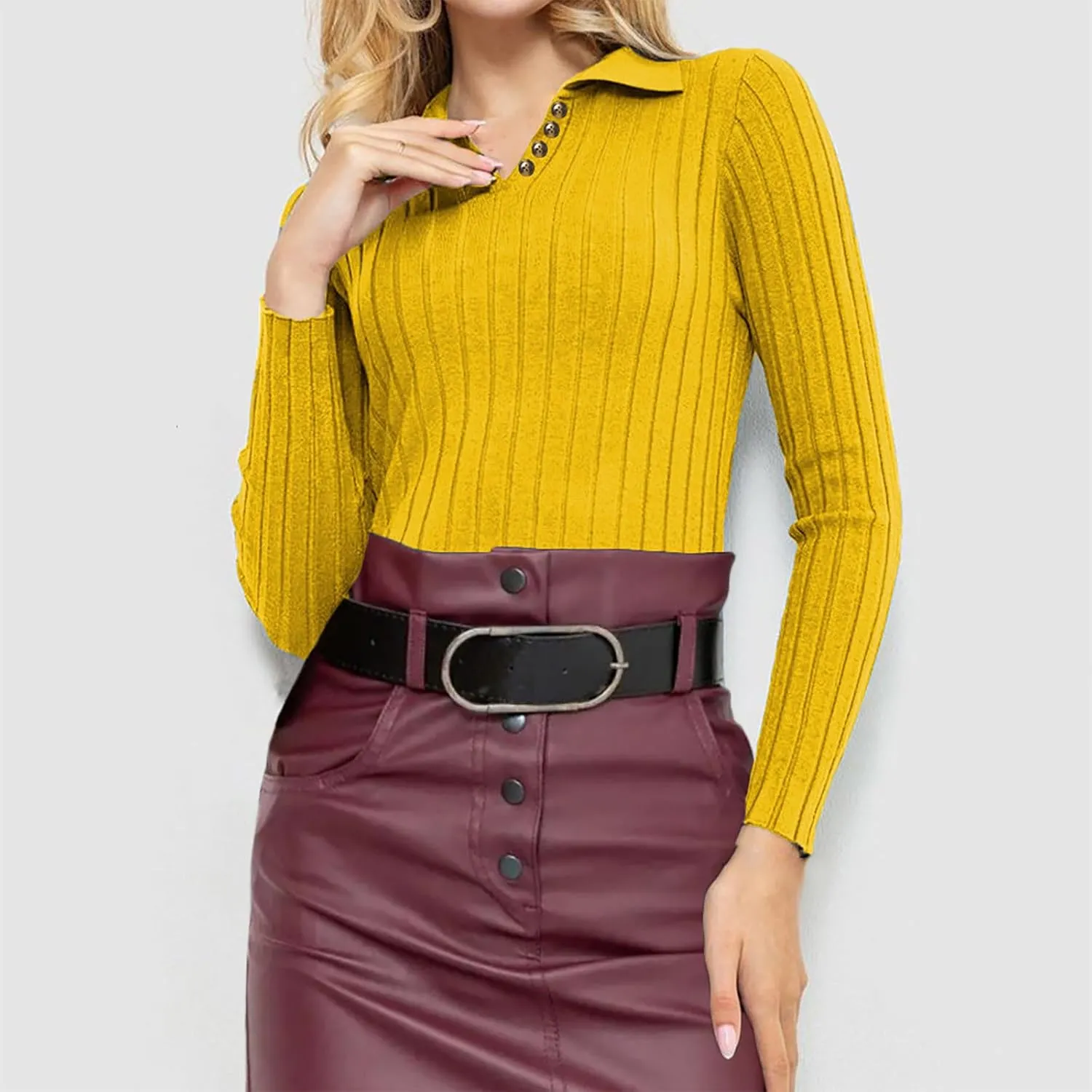 Women Slim Fit Sweater Turn Down Collar Sweater Long Sleeve Basic Tops Soft Knit Sweater Blouse V Neck Pullover Tee