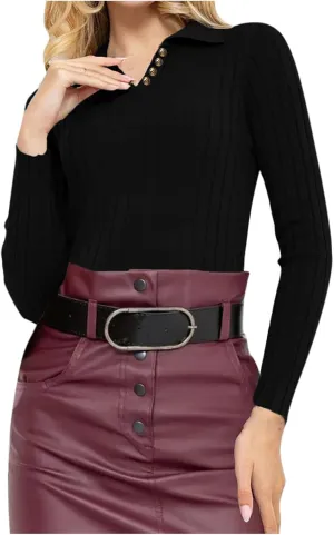 Women Slim Fit Sweater Turn Down Collar Sweater Long Sleeve Basic Tops Soft Knit Sweater Blouse V Neck Pullover Tee