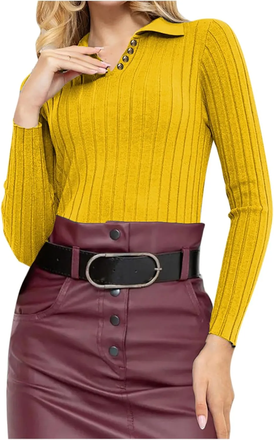 Women Slim Fit Sweater Turn Down Collar Sweater Long Sleeve Basic Tops Soft Knit Sweater Blouse V Neck Pullover Tee