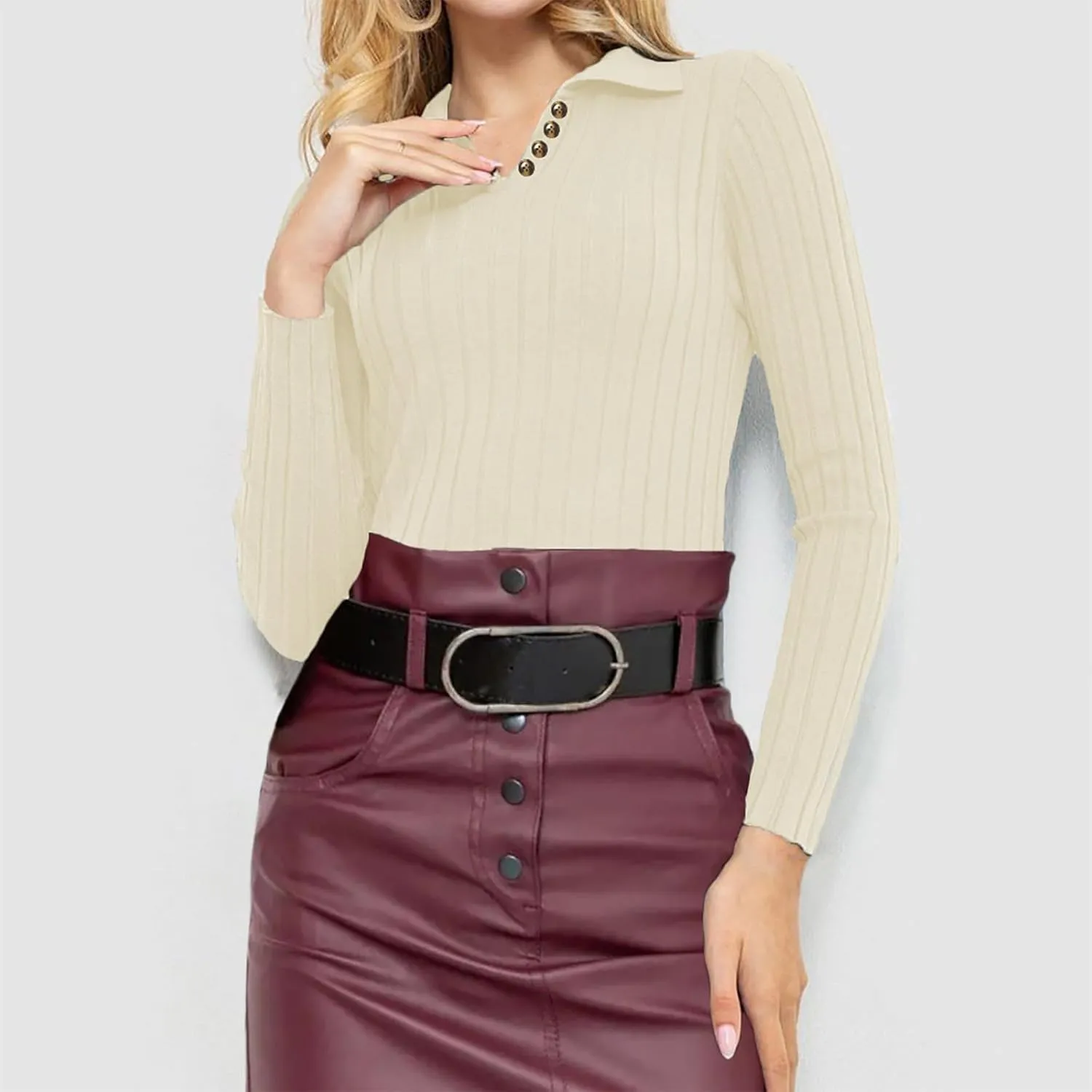 Women Slim Fit Sweater Turn Down Collar Sweater Long Sleeve Basic Tops Soft Knit Sweater Blouse V Neck Pullover Tee