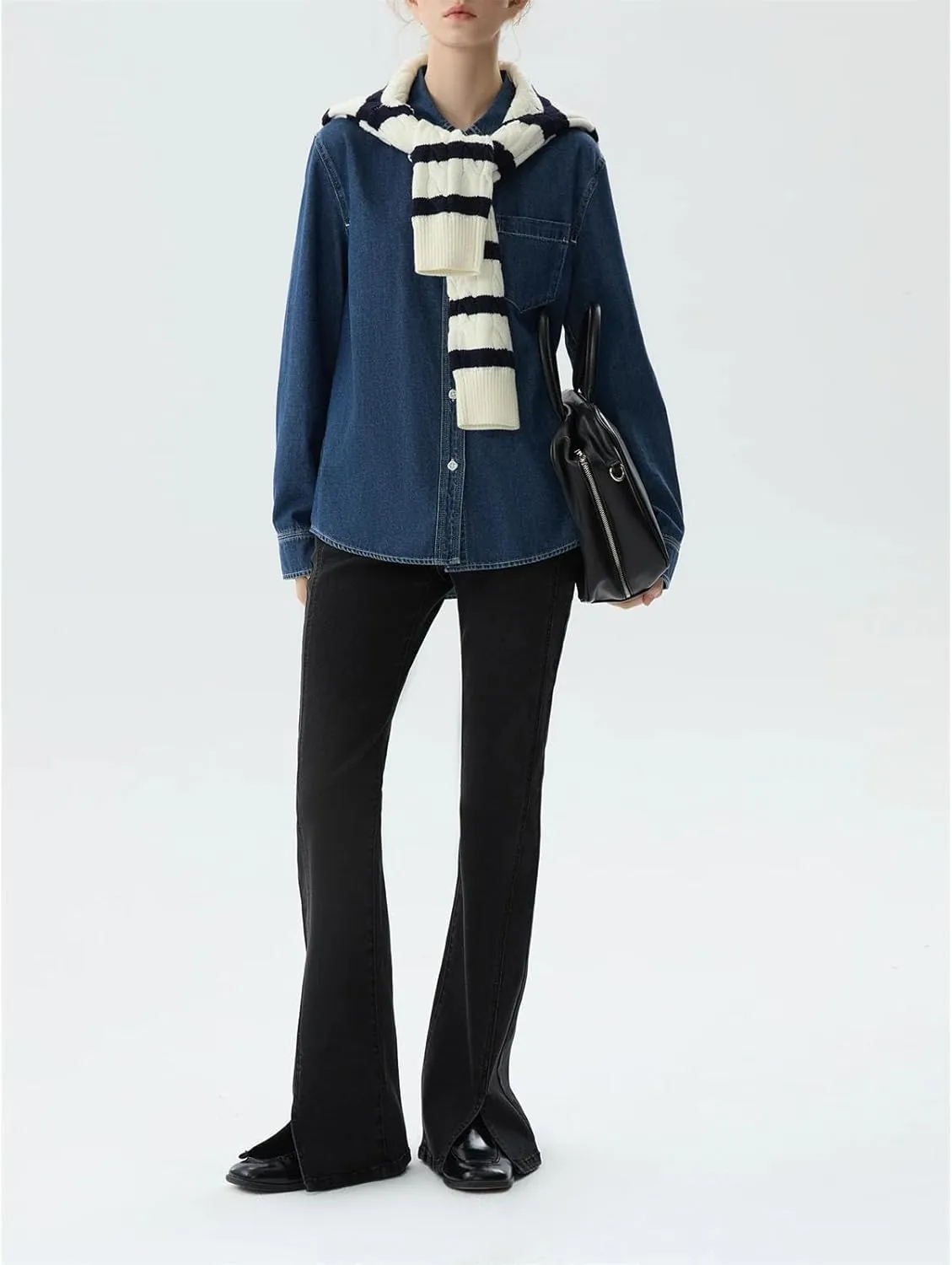Women Solid Cotton Denim Blouses Lapel Front Shoulder Dark Denim Blue Long Sleeve Shirts