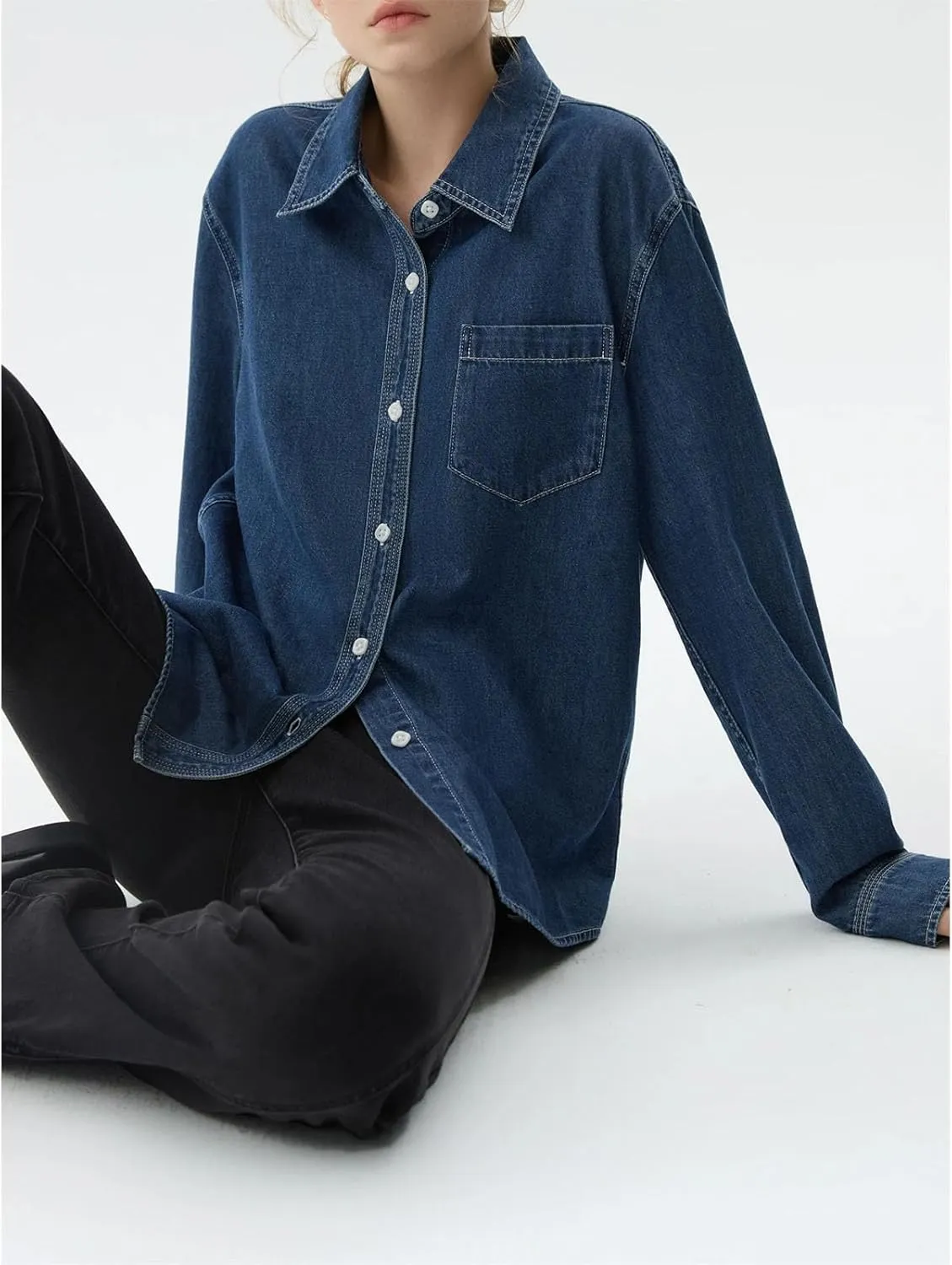 Women Solid Cotton Denim Blouses Lapel Front Shoulder Dark Denim Blue Long Sleeve Shirts