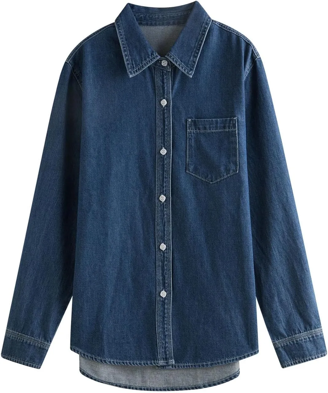 Women Solid Cotton Denim Blouses Lapel Front Shoulder Dark Denim Blue Long Sleeve Shirts