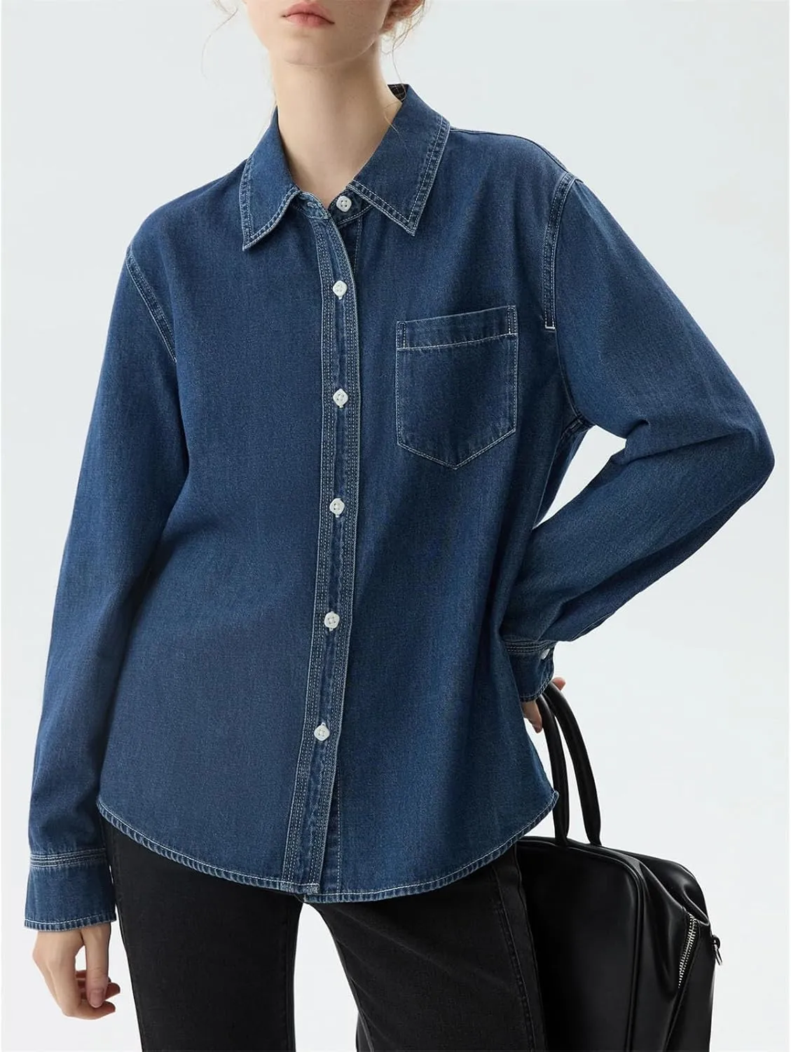 Women Solid Cotton Denim Blouses Lapel Front Shoulder Dark Denim Blue Long Sleeve Shirts