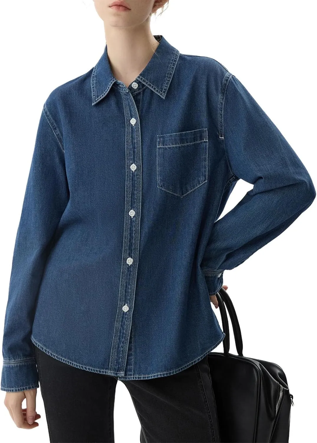 Women Solid Cotton Denim Blouses Lapel Front Shoulder Dark Denim Blue Long Sleeve Shirts