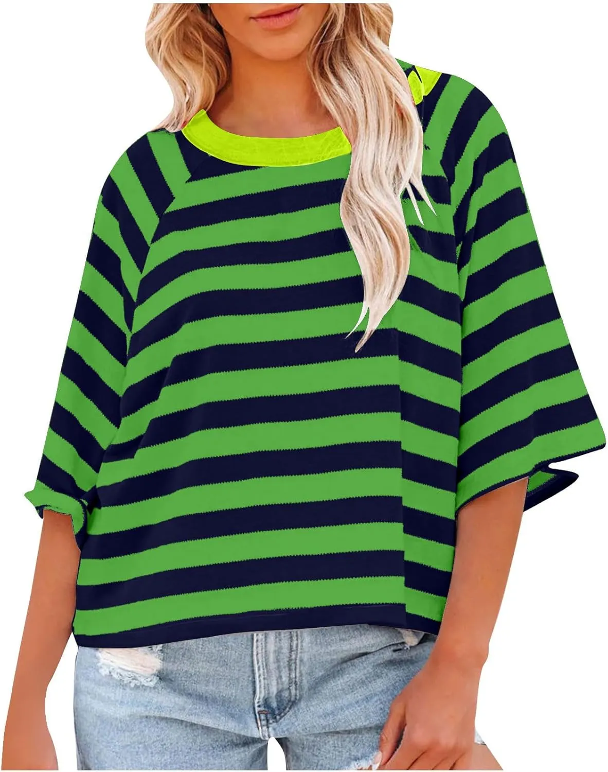 Women Striped Color Block T-Shirts Oversized Baggy Crew Neck Basic Cotton Preppy Shirt 3/4 Sleeve Casual Fall Tops
