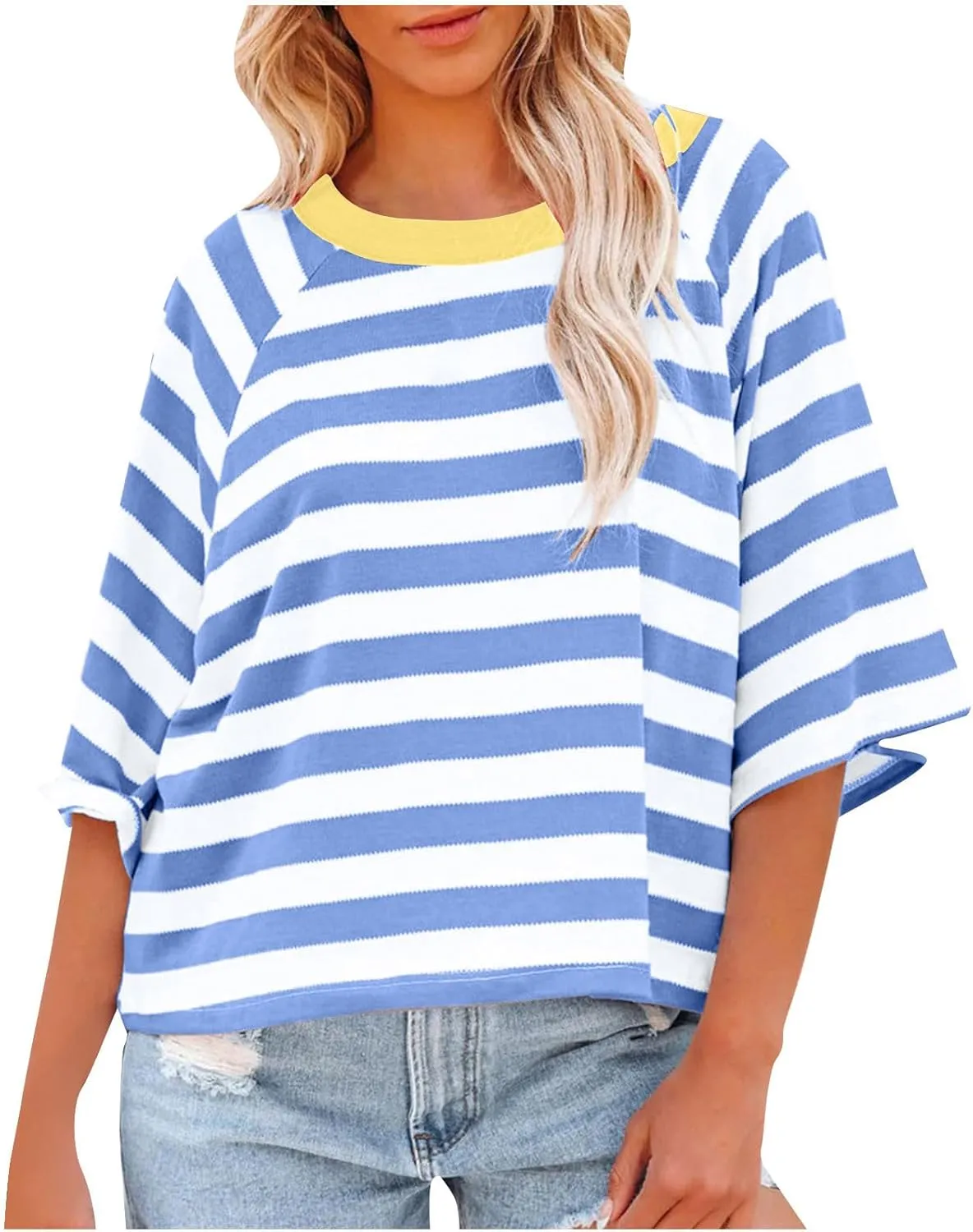 Women Striped Color Block T-Shirts Oversized Baggy Crew Neck Basic Cotton Preppy Shirt 3/4 Sleeve Casual Fall Tops
