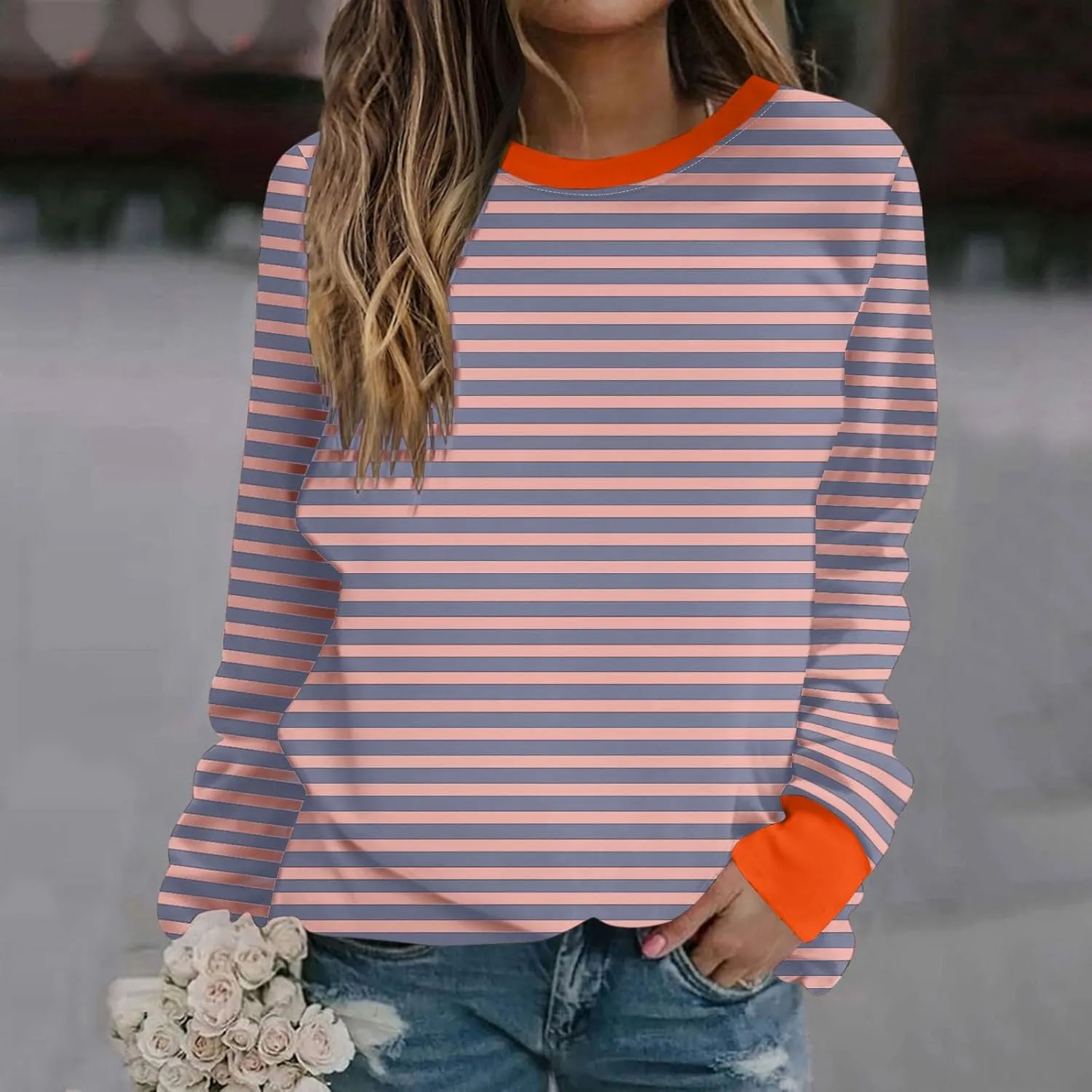Women Striped Crewneck Sweatshirts Trendy 2024 Pullover Tops Long Sleeve Preppy Shirts Fall Fashion Clothing