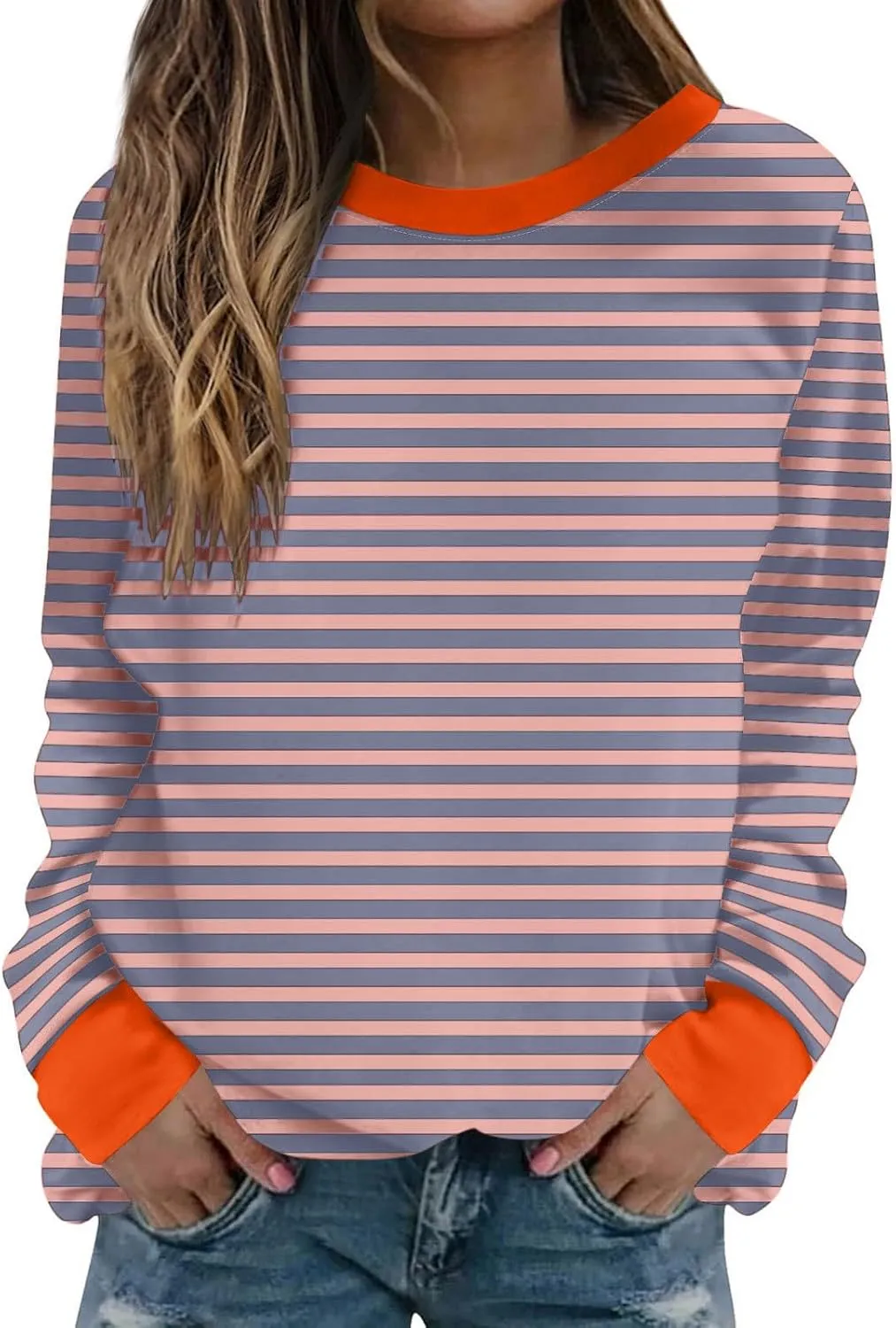 Women Striped Crewneck Sweatshirts Trendy 2024 Pullover Tops Long Sleeve Preppy Shirts Fall Fashion Clothing