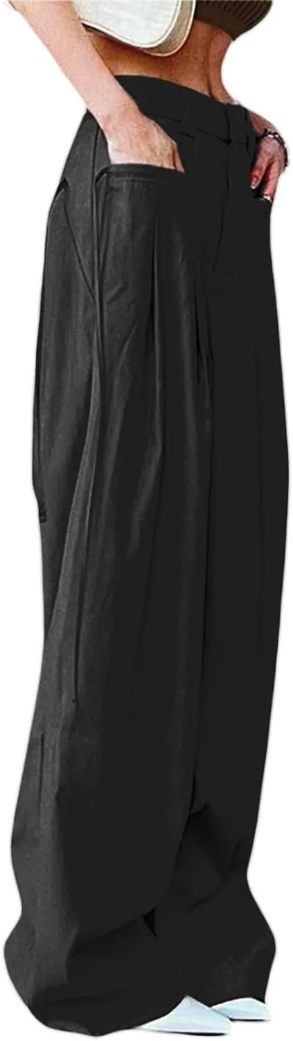 Women Trousers, Wide-Leg Solid Color Loose Fit Straight Casual Pants with Pocket Streetwear