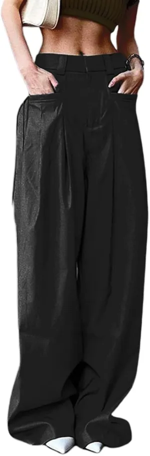 Women Trousers, Wide-Leg Solid Color Loose Fit Straight Casual Pants with Pocket Streetwear