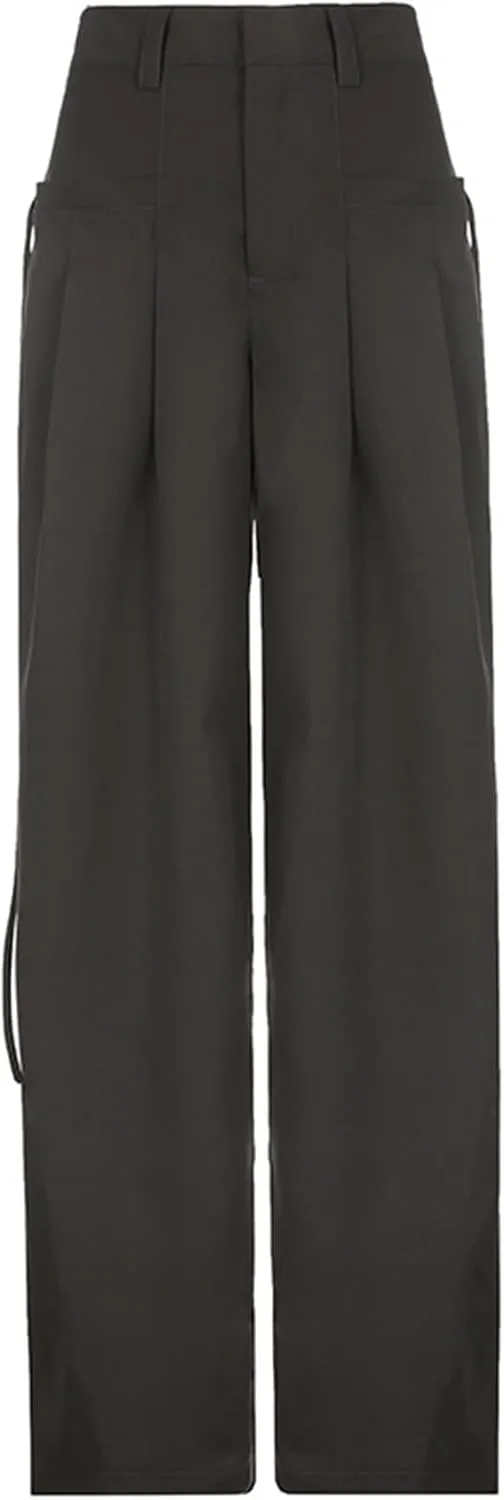 Women Trousers, Wide-Leg Solid Color Loose Fit Straight Casual Pants with Pocket Streetwear