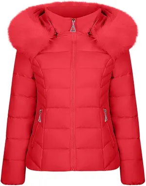 Women Warm Winter Down Puffer Jacket Trendy Hooded Winter Puffer Coat with Faux Fur Lined Hood and Collar