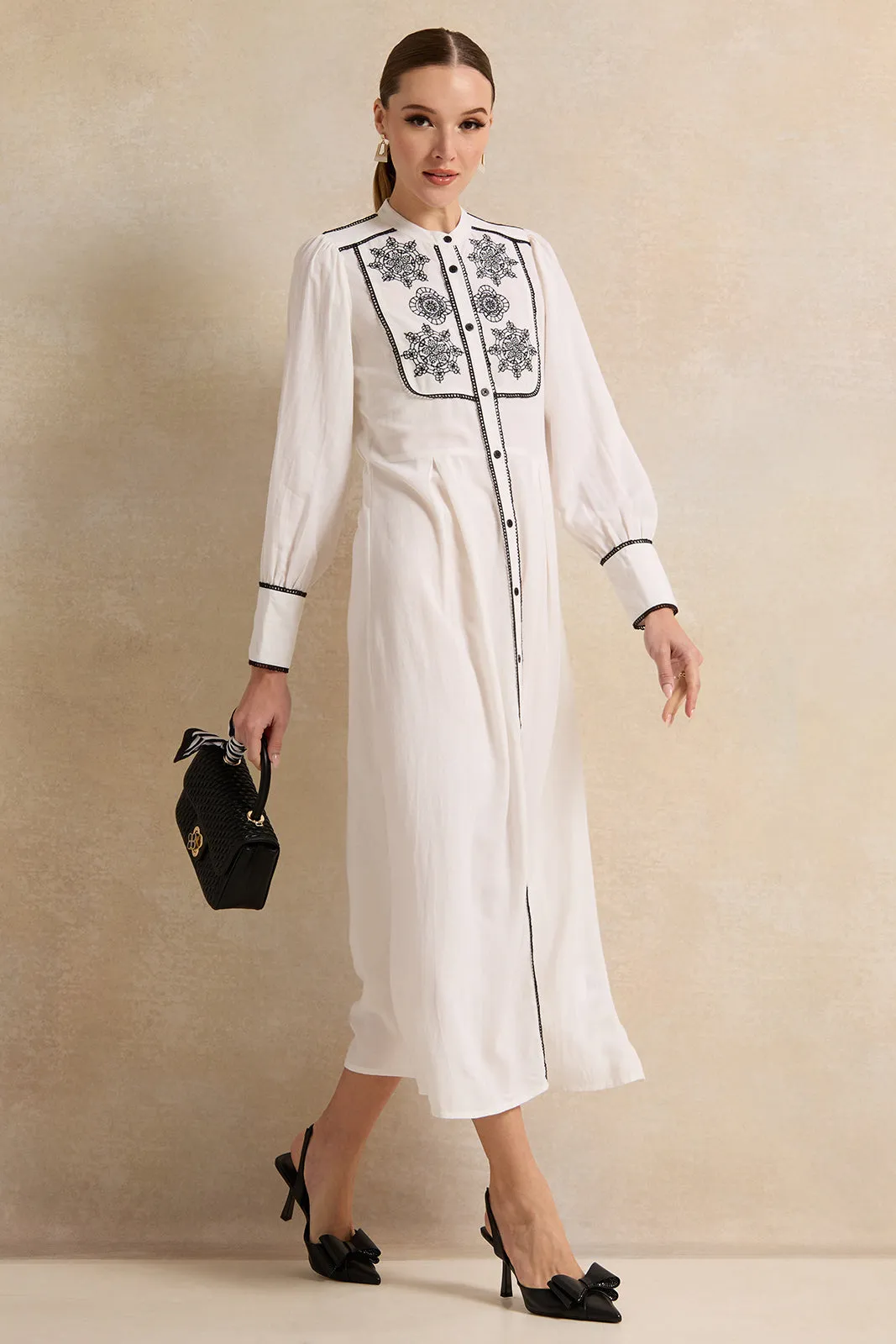 Women White Embroidered Long Dress