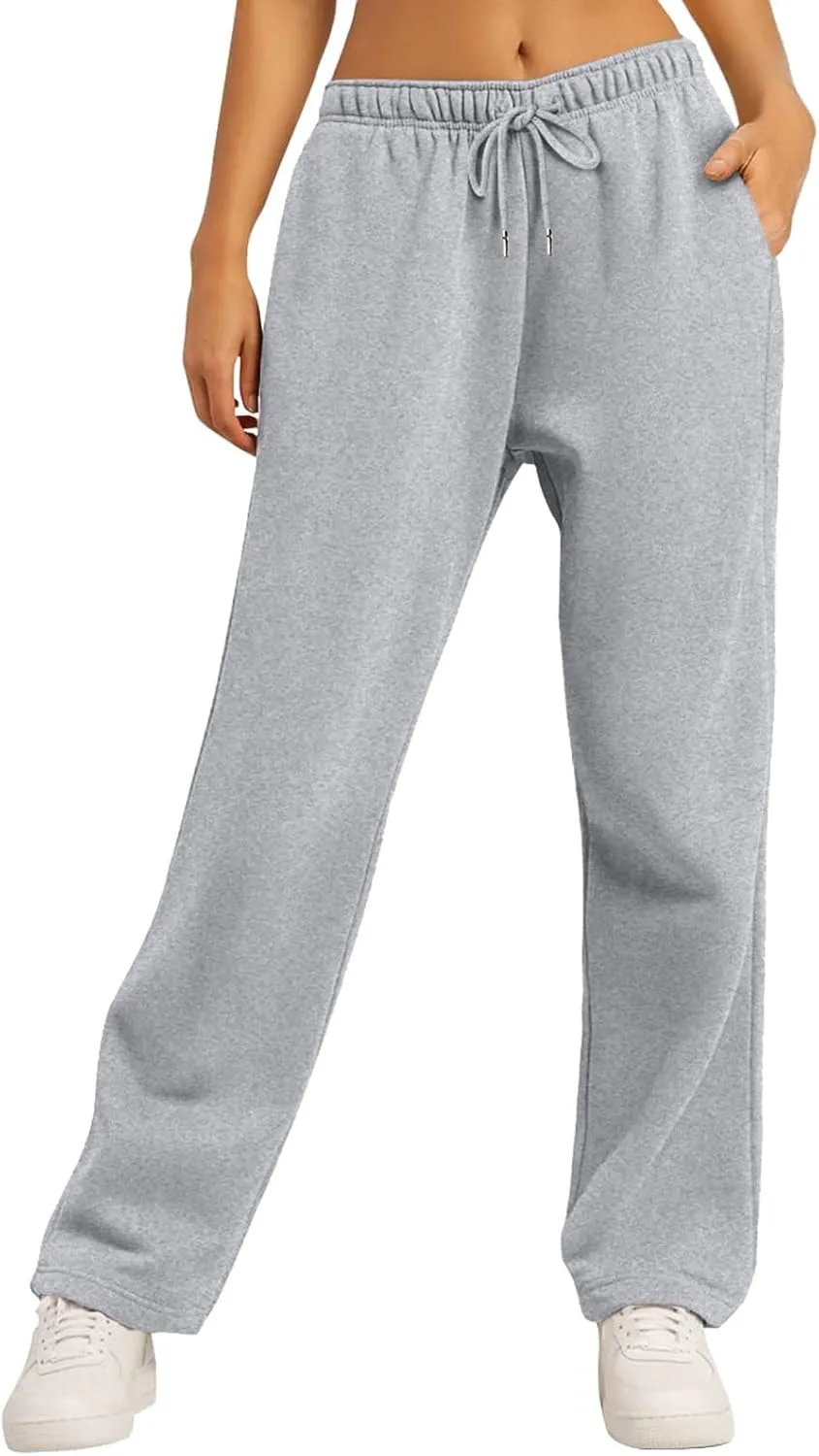 Women Wide Leg Sweatpants Baggy Straight Leg Sweatpants with Pockets Elastic Waist Flare Sweatpants Fleece Joggers