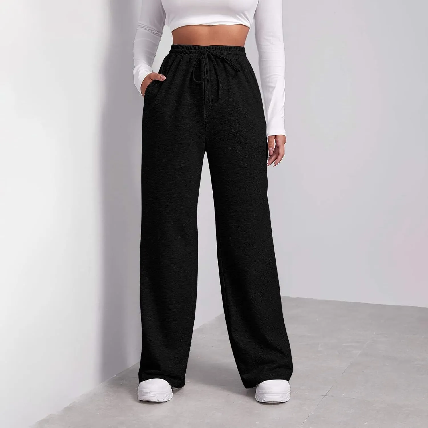 Women Wide Leg Sweatpants Baggy Straight Leg Sweatpants with Pockets Elastic Waist Flare Sweatpants Fleece Joggers