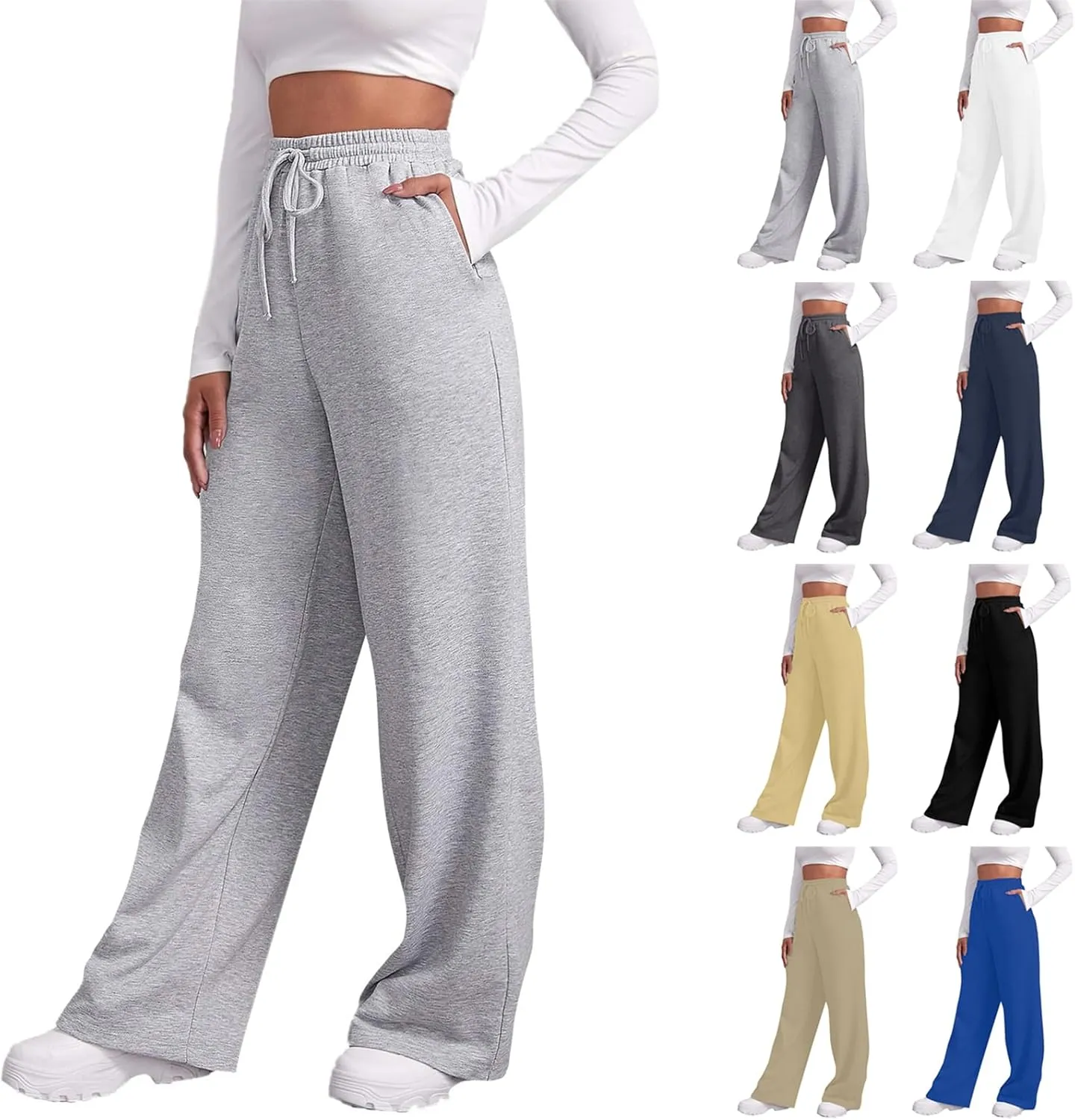 Women Wide Leg Sweatpants Baggy Straight Leg Sweatpants with Pockets Elastic Waist Flare Sweatpants Fleece Joggers