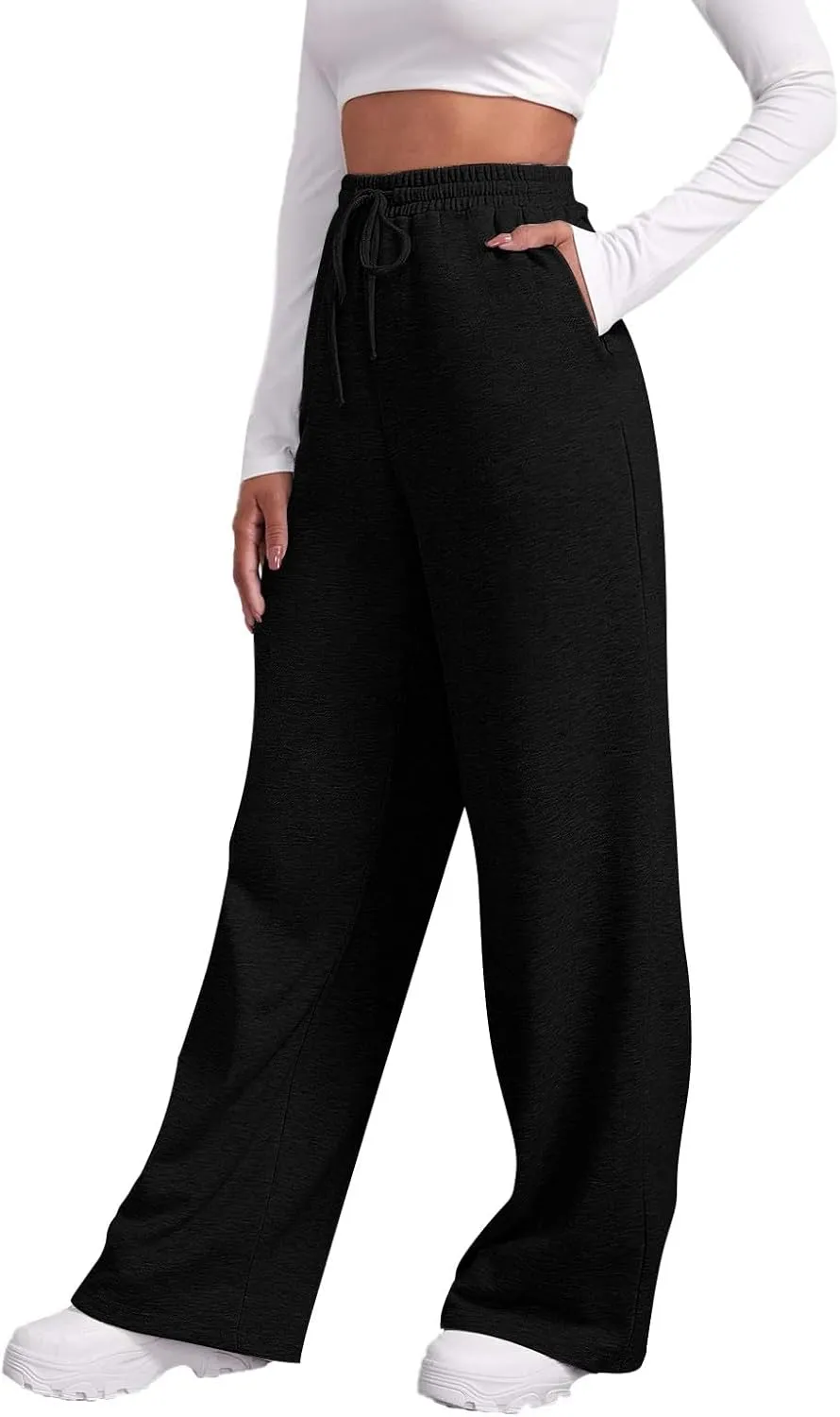 Women Wide Leg Sweatpants Baggy Straight Leg Sweatpants with Pockets Elastic Waist Flare Sweatpants Fleece Joggers