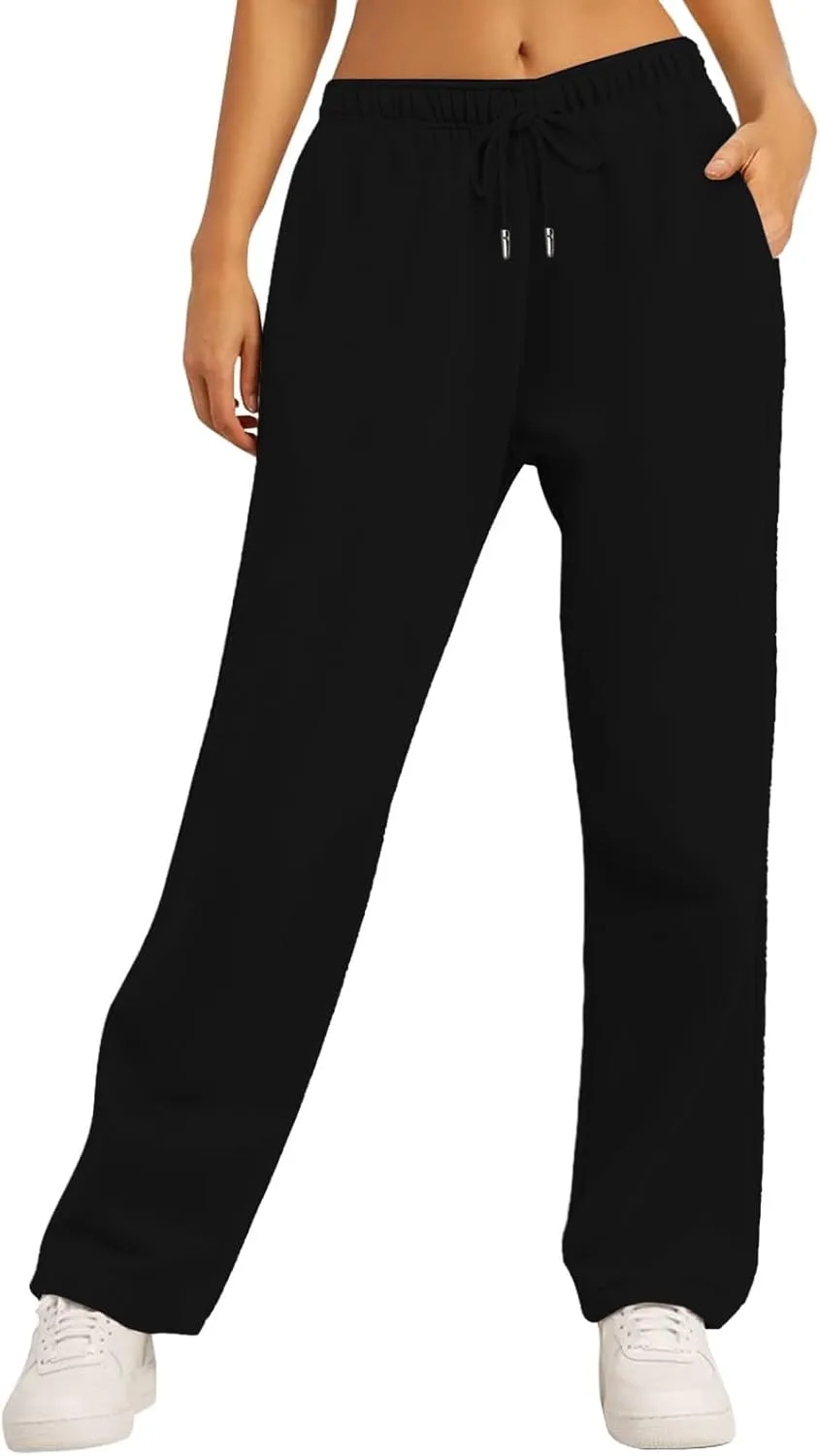 Women Wide Leg Sweatpants Baggy Straight Leg Sweatpants with Pockets Elastic Waist Flare Sweatpants Fleece Joggers