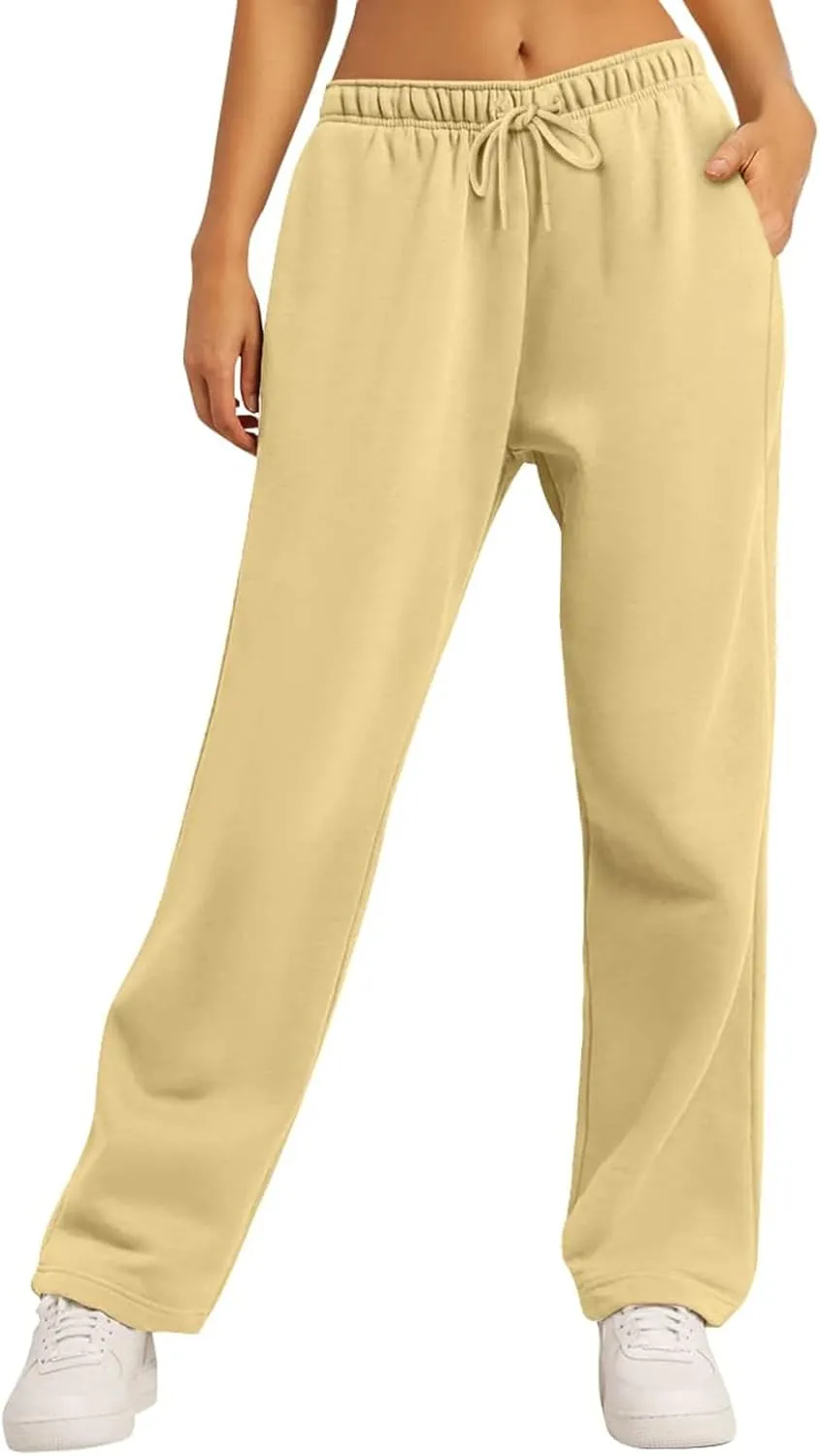 Women Wide Leg Sweatpants Baggy Straight Leg Sweatpants with Pockets Elastic Waist Flare Sweatpants Fleece Joggers