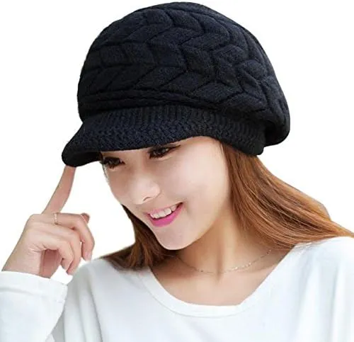 Women Winter Hat with Pompom Warm Fleece Lined Ear Warmer Knit Hat with Visor Brim Cold Weather Christmas