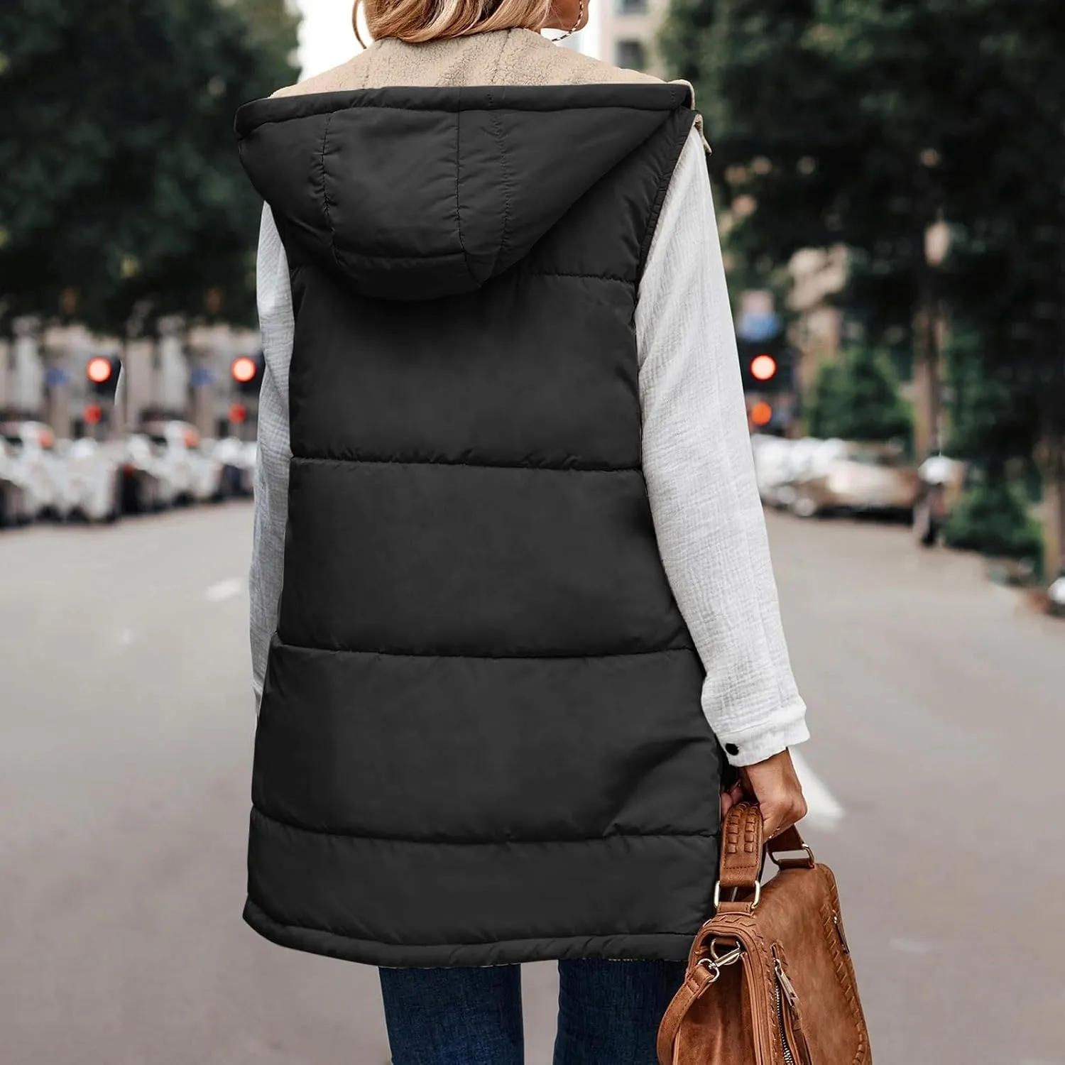 Womens 2024 Fall Fashion Reversible Vest Casual Sleeveless Lined Fleece Jacket Gilet Long Zip Up Warm Coat with Pocket