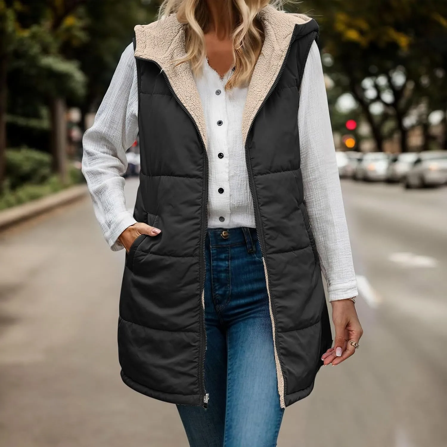 Womens 2024 Fall Fashion Reversible Vest Casual Sleeveless Lined Fleece Jacket Gilet Long Zip Up Warm Coat with Pocket