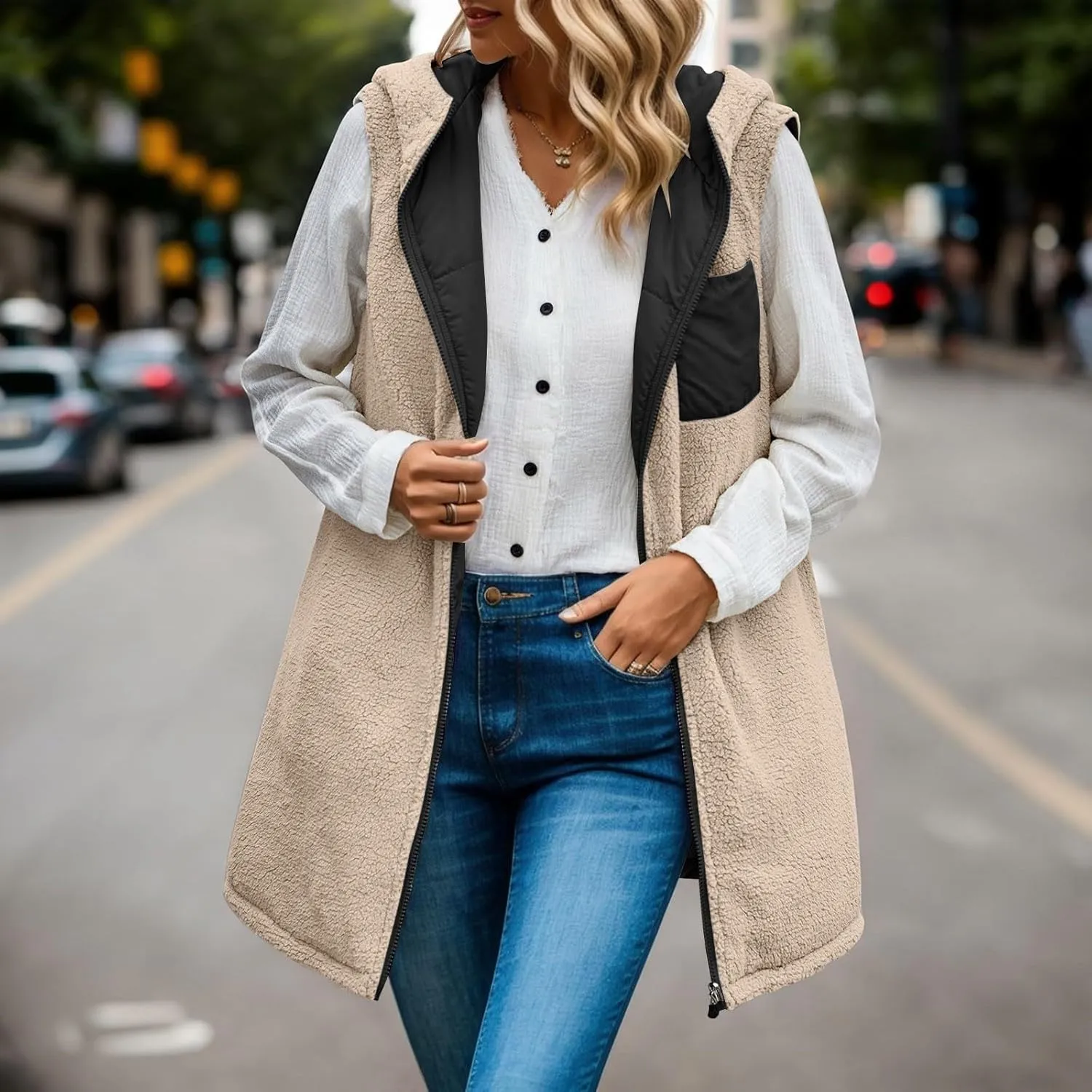 Womens 2024 Fall Fashion Reversible Vest Casual Sleeveless Lined Fleece Jacket Gilet Long Zip Up Warm Coat with Pocket